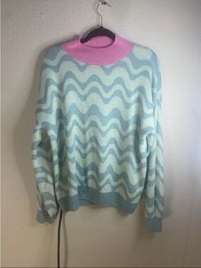 99 Jane Street Womens Sweater XL Pink Collar Mint & Blue Wavy Knit Pullover